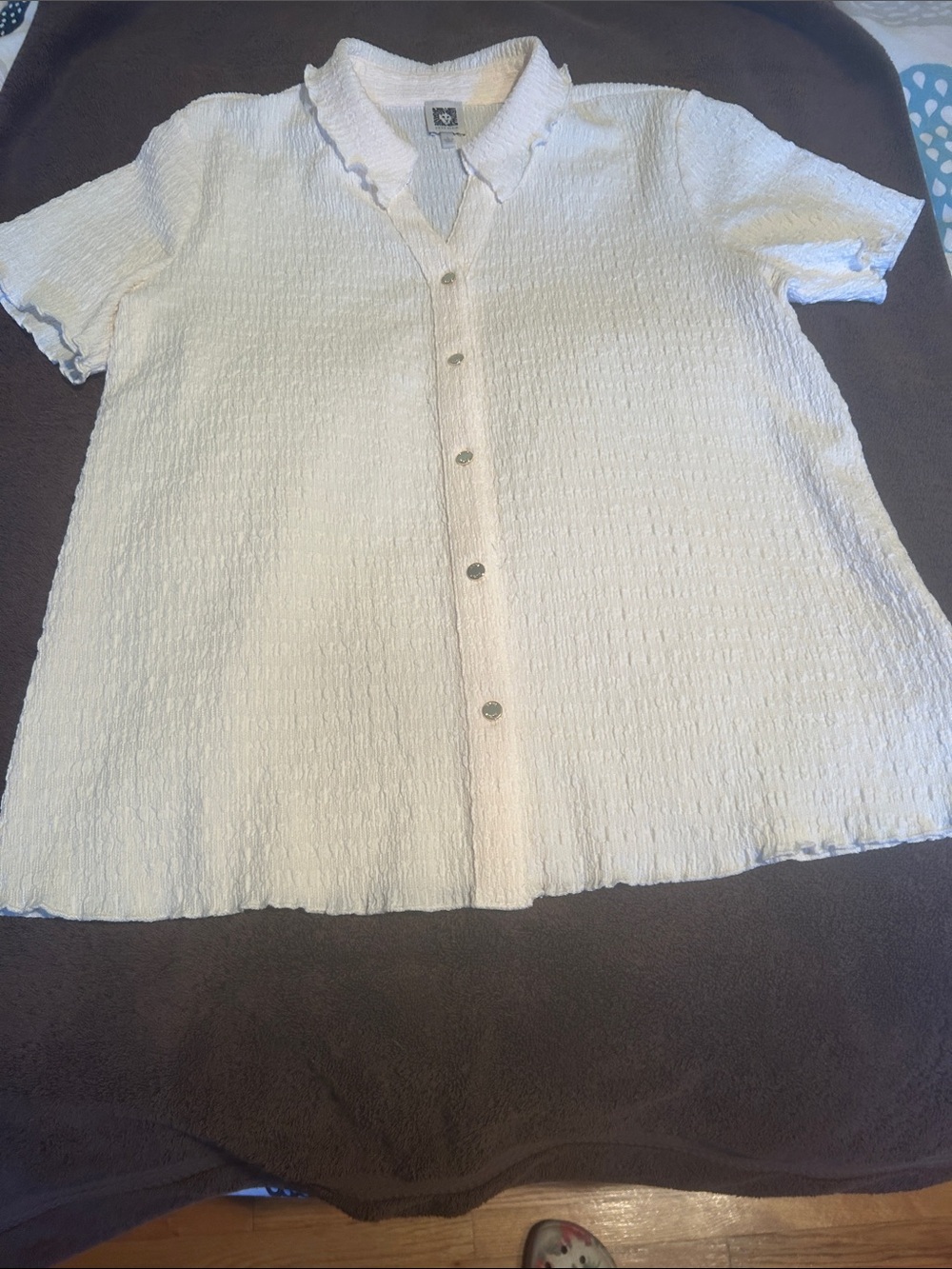 Anne Klein Cream Textured Button-Down Ruffle Collar Top Size Large - Picture 2 of 7